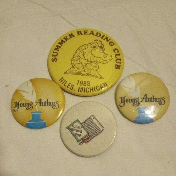 Four Vintage Author/Reading Button Pins - Picture 1 of 6
